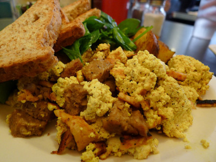 Looks can be deceiving: tofu, not eggs, from Champs. via Flickr user M_tohappyvegans