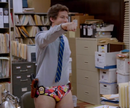 Andy Samberg shows off the NYPD's new fashion guidelines