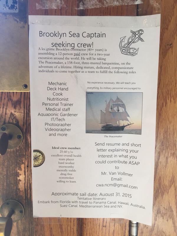BK sea captain hiring a crew to sail around the world