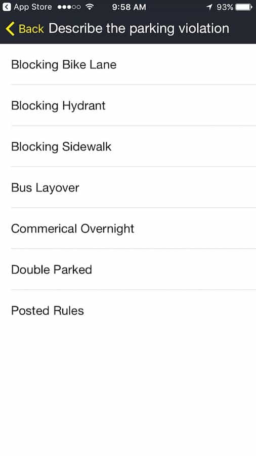 Report blocked bike lanes under the parking violation section of the 311 app.