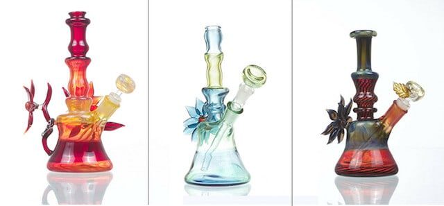 You'd be hard-pressed to find glass of this quality in your local smoke shop – at least in Brooklyn. From left, the Autumn Double Flower Bong, Lily Pond Water Pipe and Morning Glory Heady Bong. 